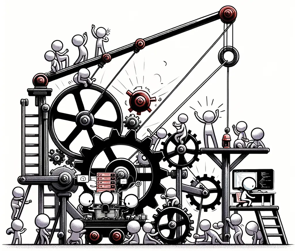 stick figure of engineer coding at computer with api and multiple components